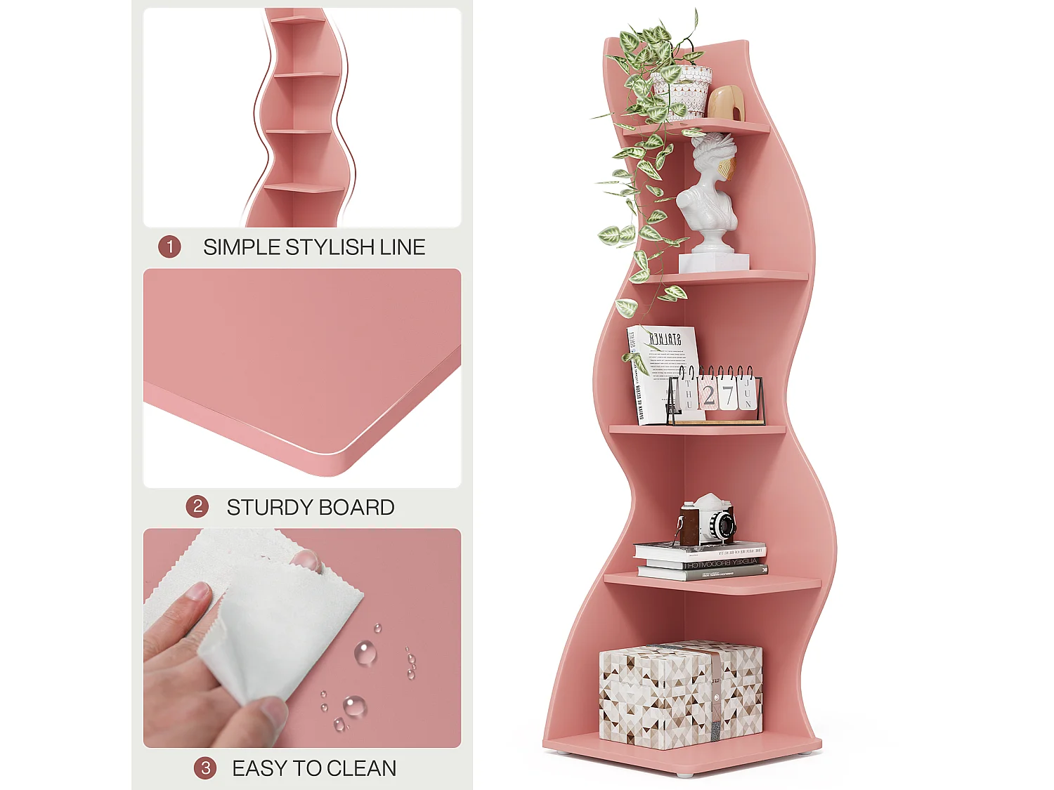 Golvende hoekplank, moderne boekenkast met 5 niveaus en gebogen vorm, unieke plantenstandaard