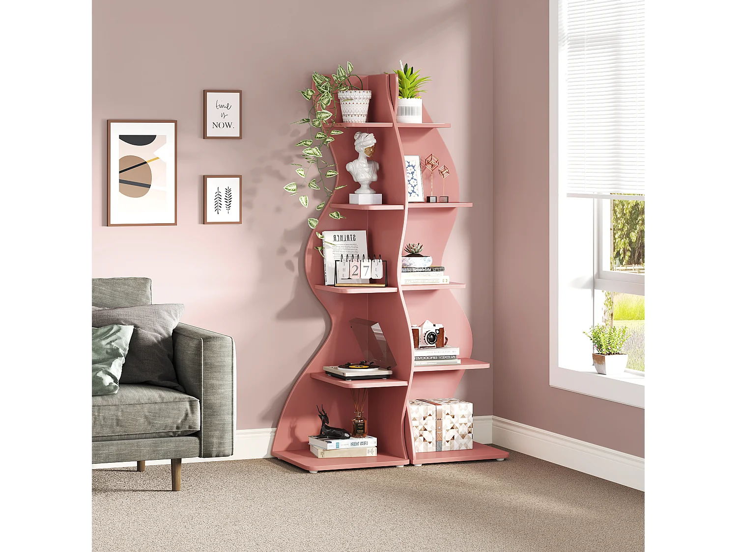 Golvende hoekplank, moderne boekenkast met 5 niveaus en gebogen vorm, unieke plantenstandaard