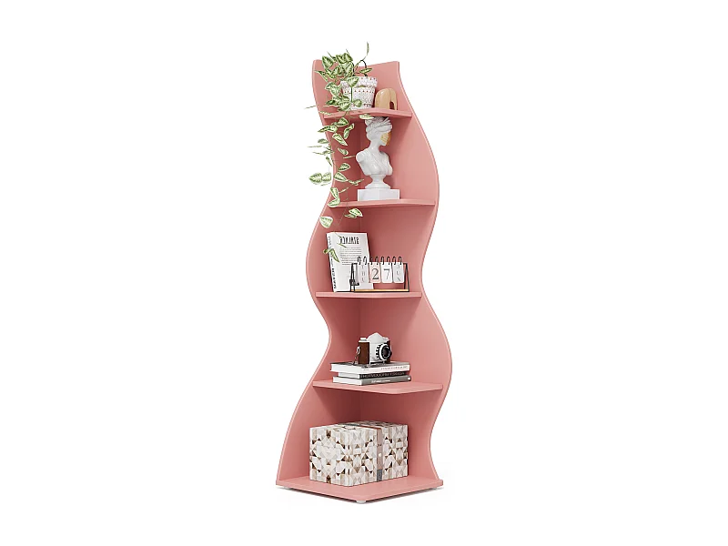 Golvende hoekplank, moderne boekenkast met 5 niveaus en gebogen vorm, unieke plantenstandaard