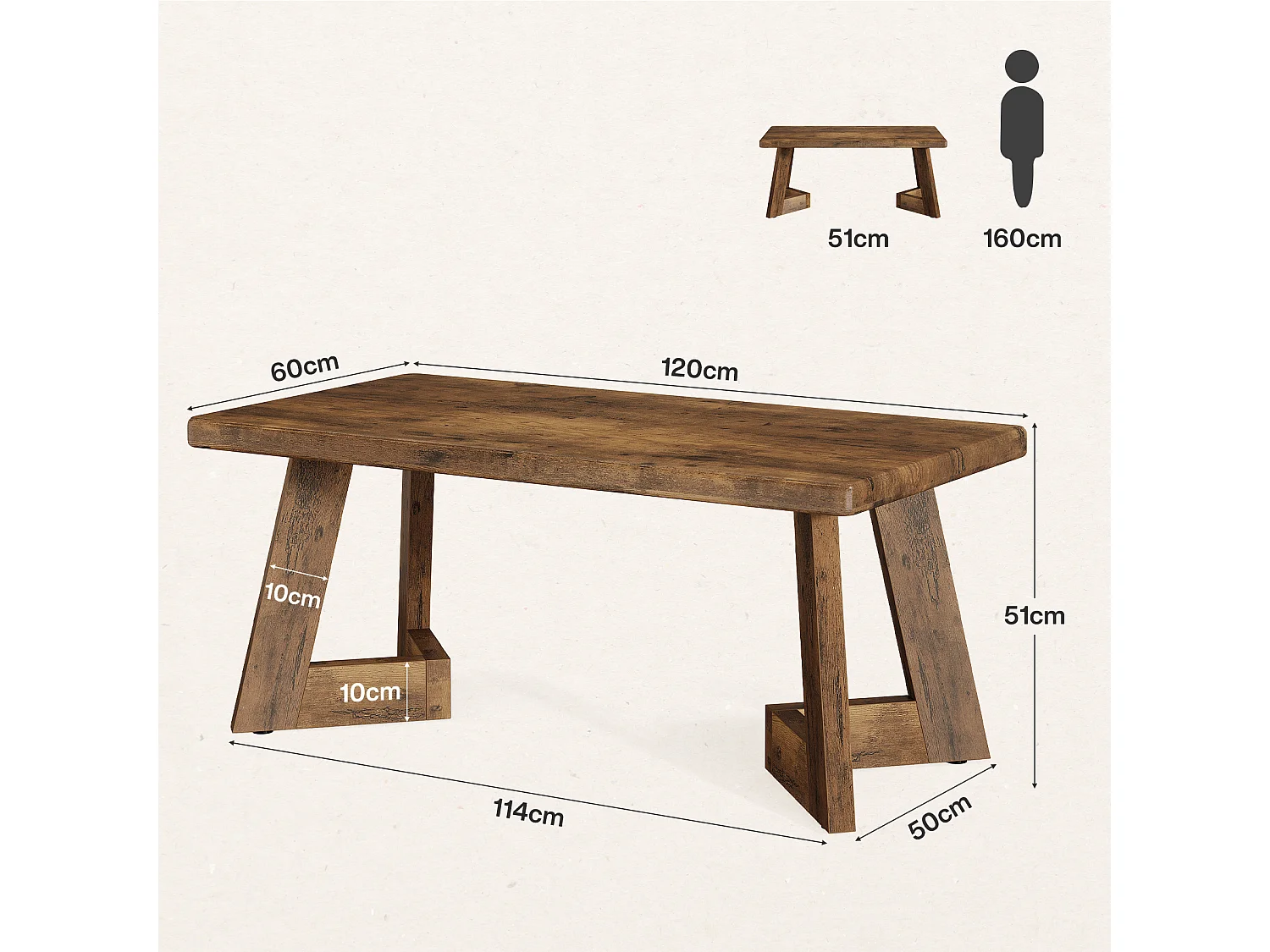 Table basse, table de salon de ferme de 120 cm, tables centrales rectangulaires pour salon, table à thé marron rustique