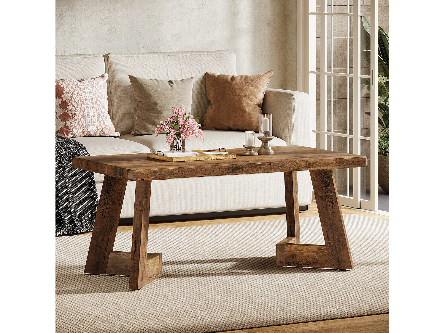 Table basse, table de salon de ferme de 120 cm, tables centrales rectangulaires pour salon, table à thé marron rustique