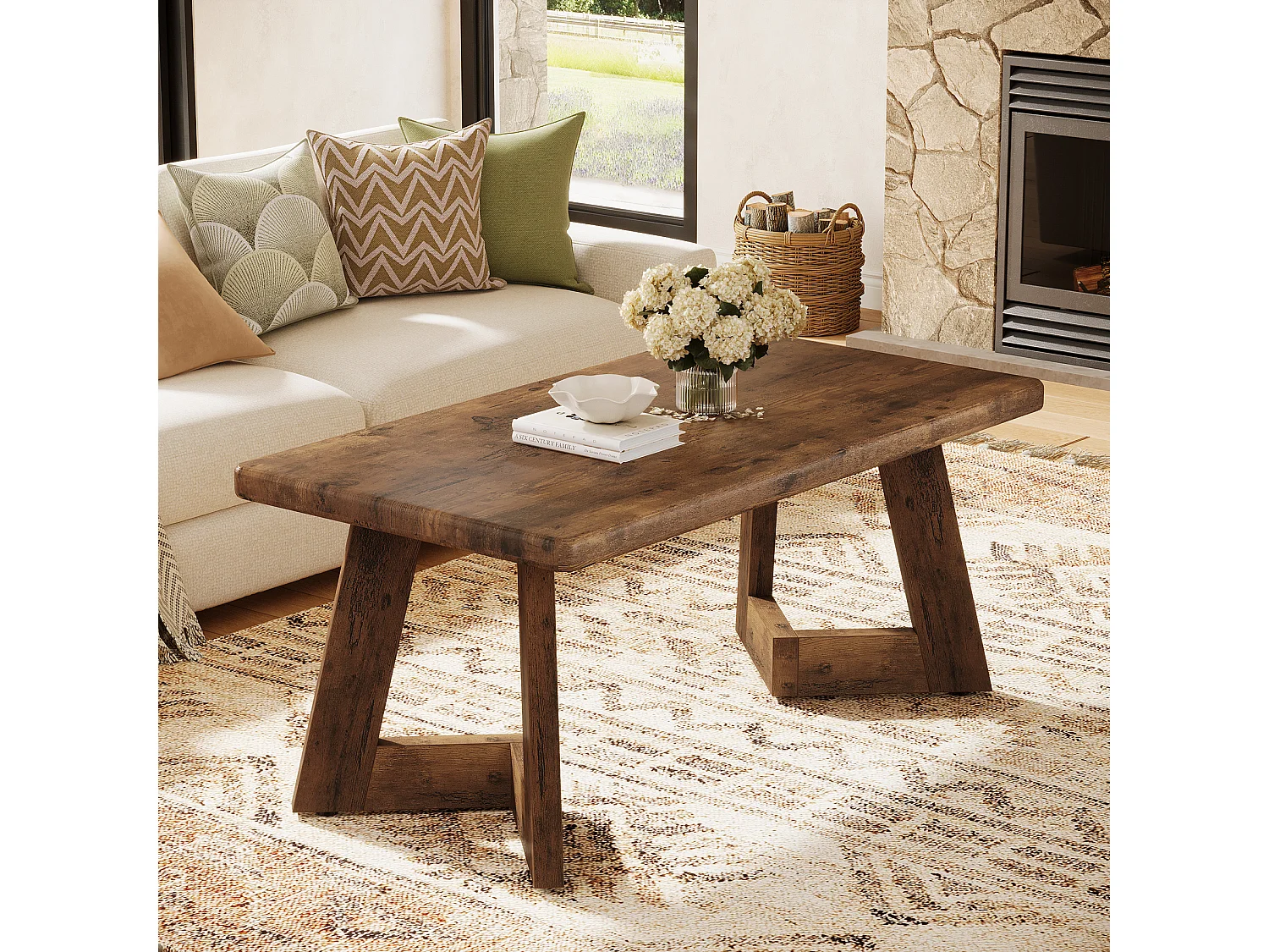 Table basse, table de salon de ferme de 120 cm, tables centrales rectangulaires pour salon, table à thé marron rustique