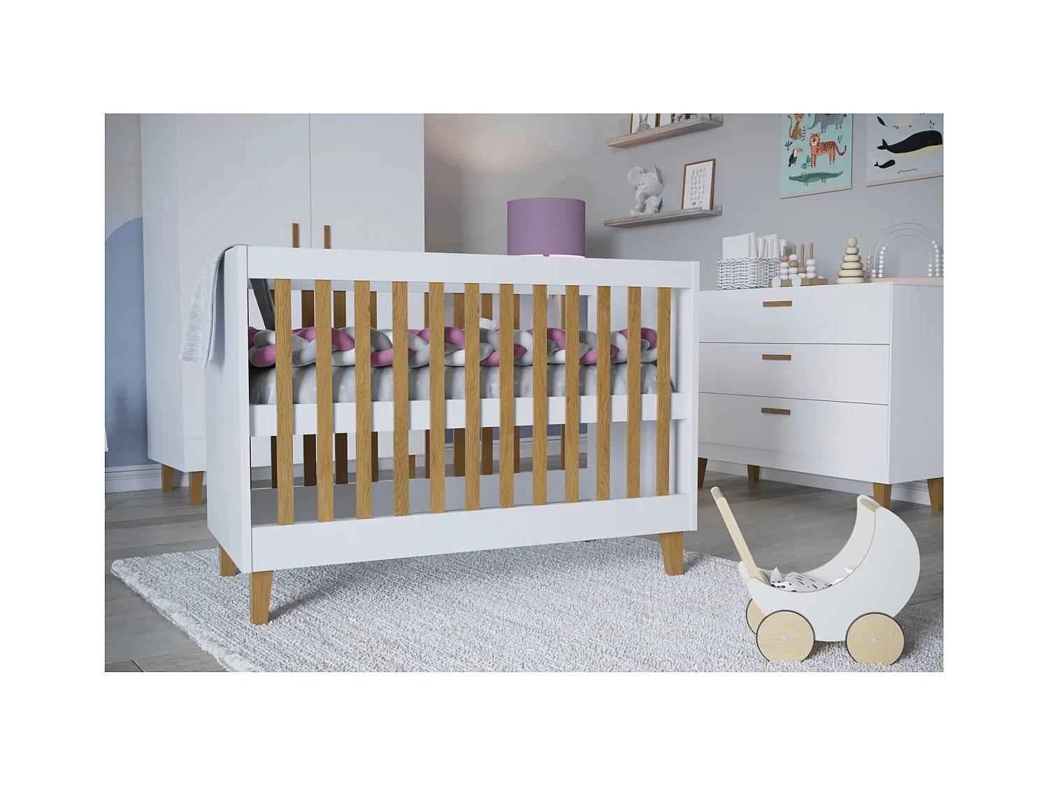 Cuna blanca con patas de madera de roble Blanka 60x120 cm