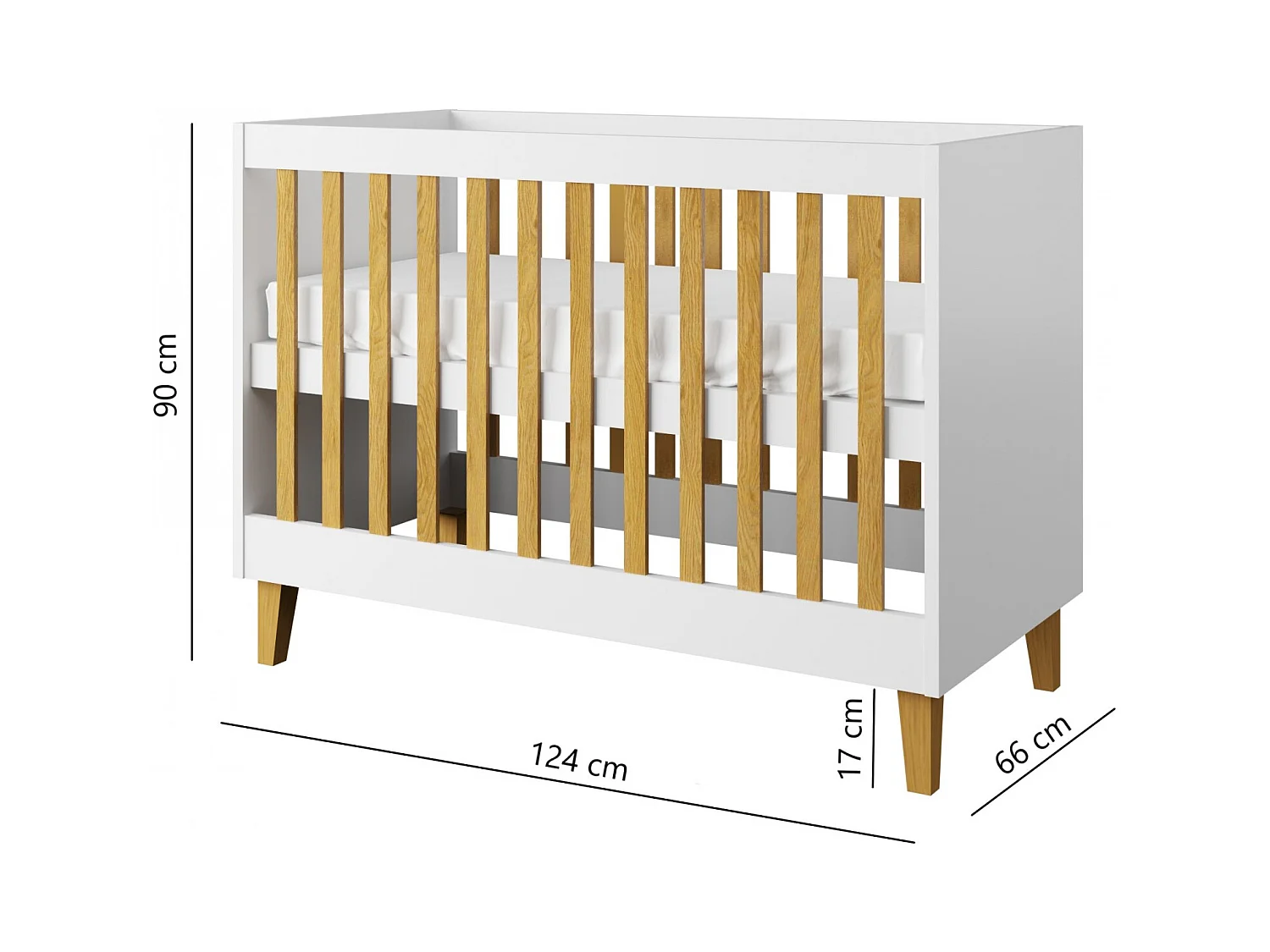 Cuna blanca con patas de madera de roble Blanka 60x120 cm
