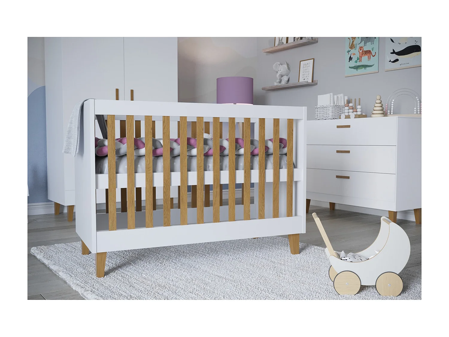 Cuna blanca con patas de madera de roble Blanka 60x120 cm