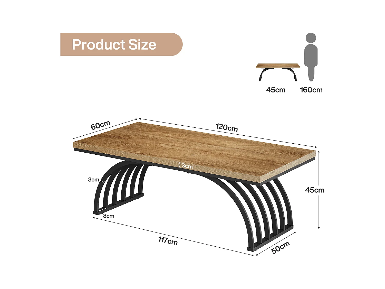 Couchtisch, 120 cm rustikaler rechteckiger Zentralterrinetisch mit Metallrahmenbeinen