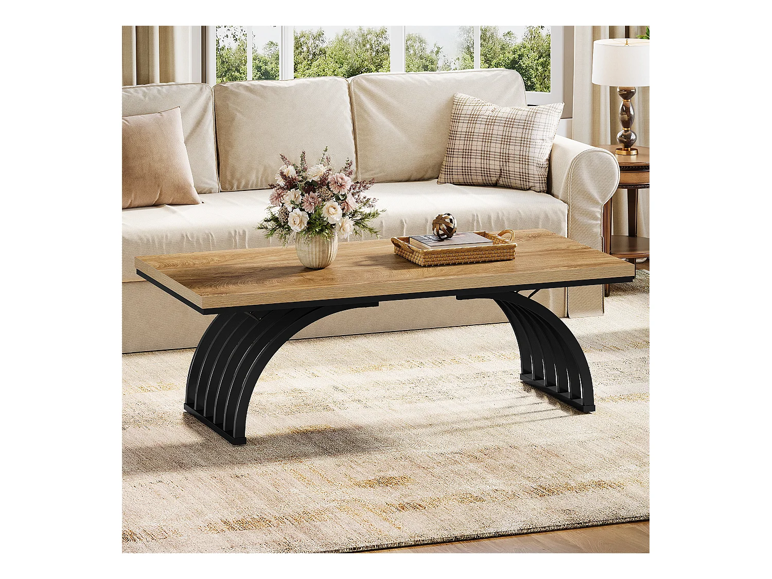 Couchtisch, 120 cm rustikaler rechteckiger Zentralterrinetisch mit Metallrahmenbeinen