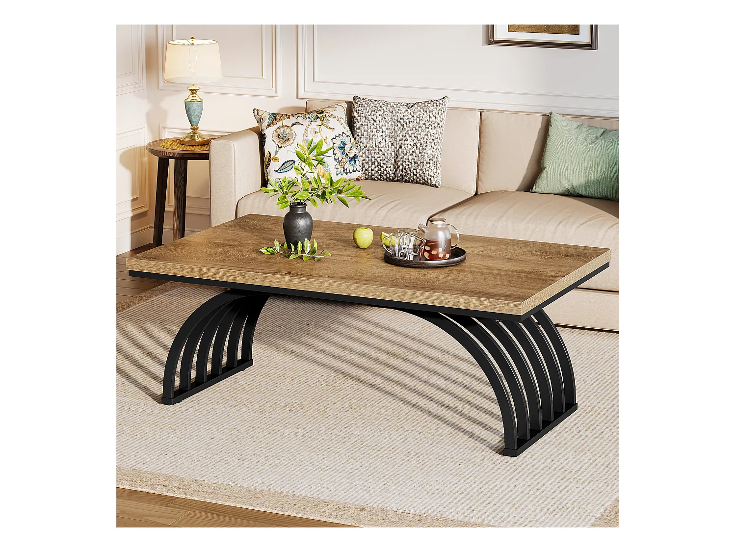 Couchtisch, 120 cm rustikaler rechteckiger Zentralterrinetisch mit Metallrahmenbeinen