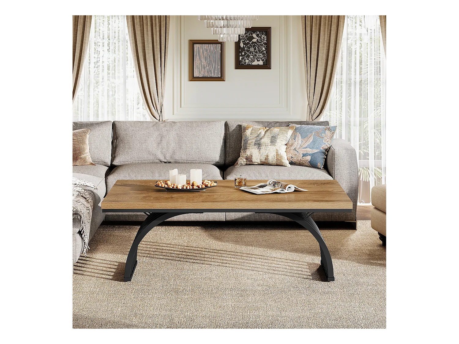 Couchtisch, 120 cm rustikaler rechteckiger Zentralterrinetisch mit Metallrahmenbeinen