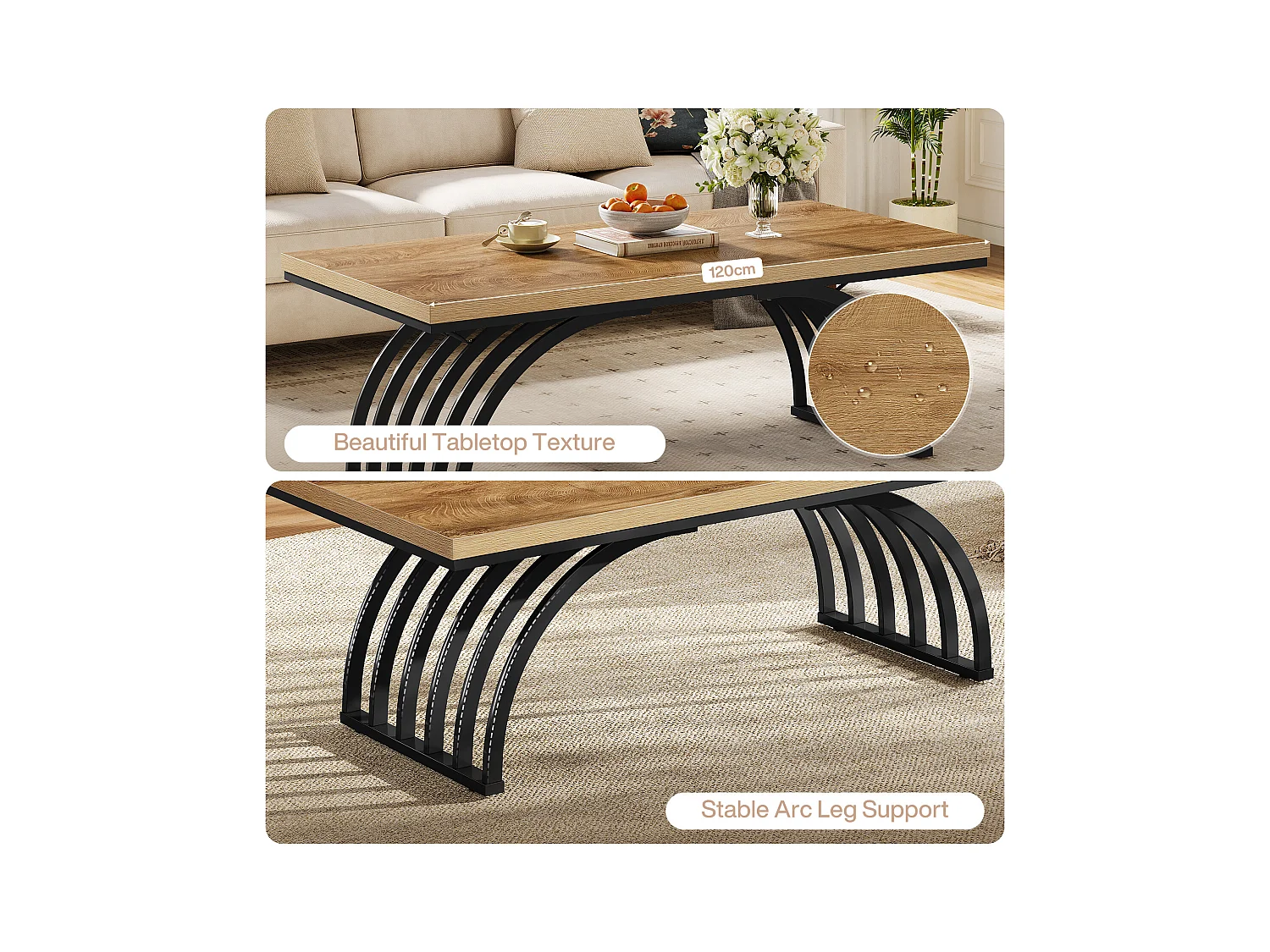 Couchtisch, 120 cm rustikaler rechteckiger Zentralterrinetisch mit Metallrahmenbeinen