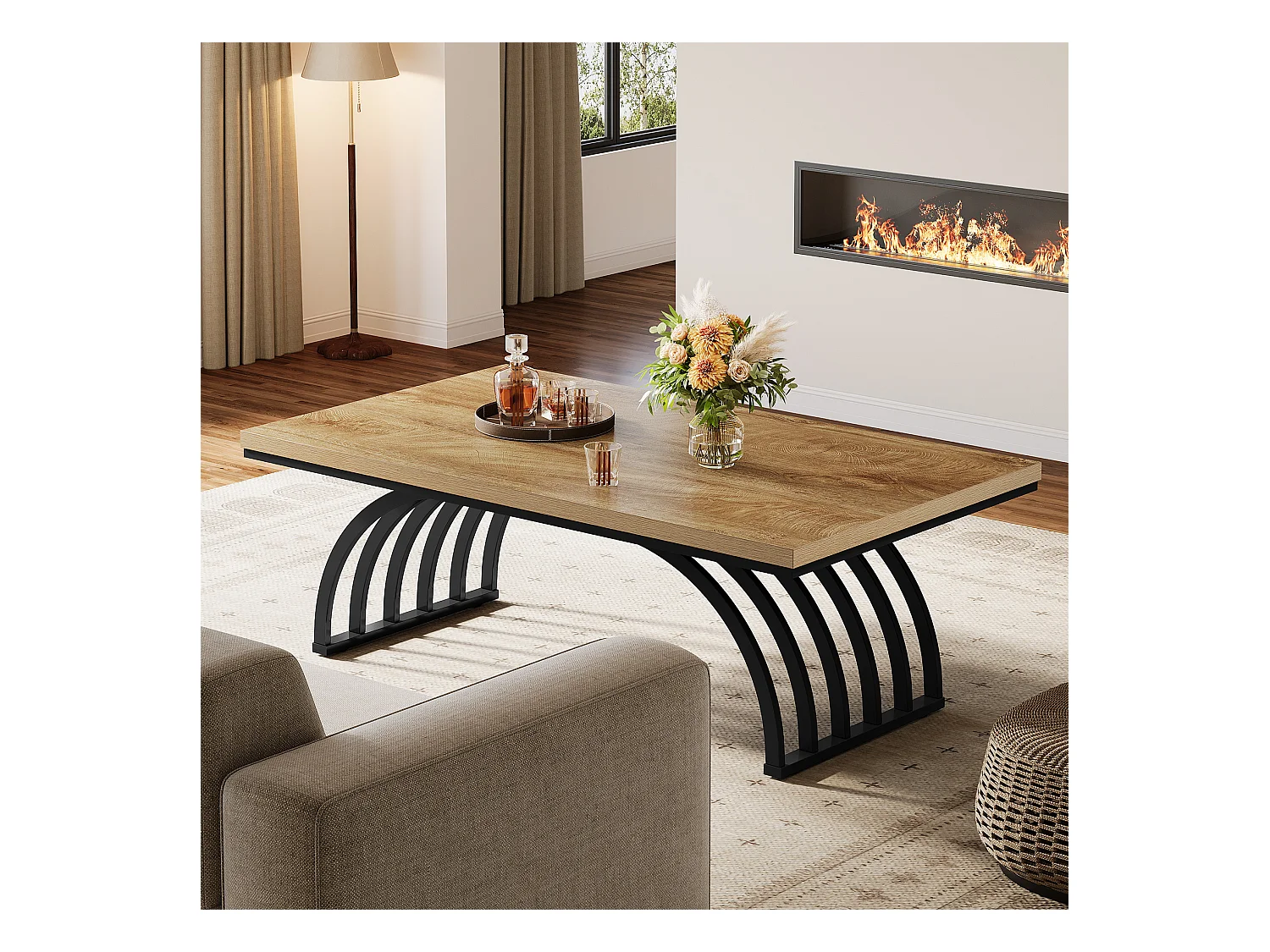 Couchtisch, 120 cm rustikaler rechteckiger Zentralterrinetisch mit Metallrahmenbeinen