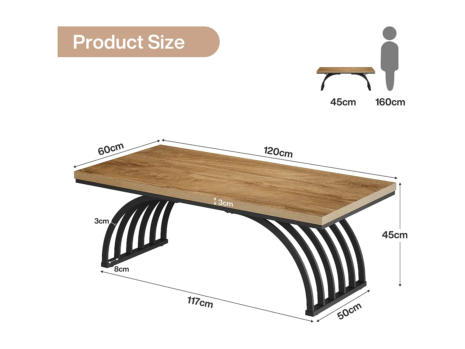 Table basse rectangulaire rustique de 120 cm avec pieds en métal