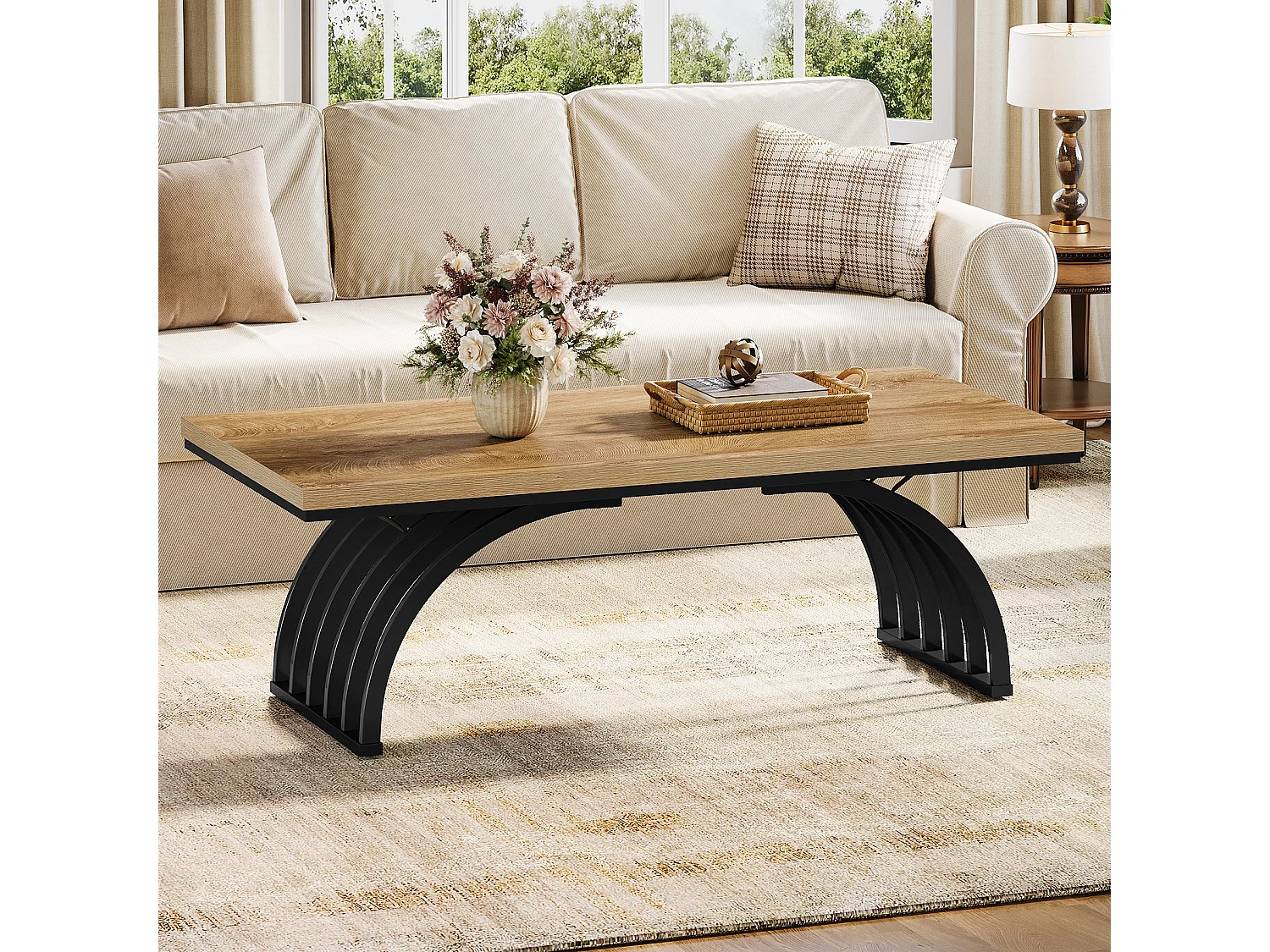Table basse rectangulaire rustique de 120 cm avec pieds en métal