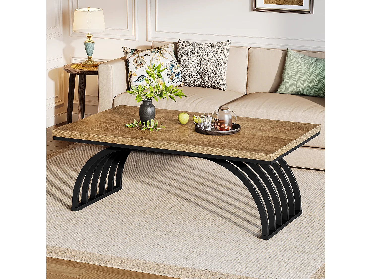 Table basse rectangulaire rustique de 120 cm avec pieds en métal