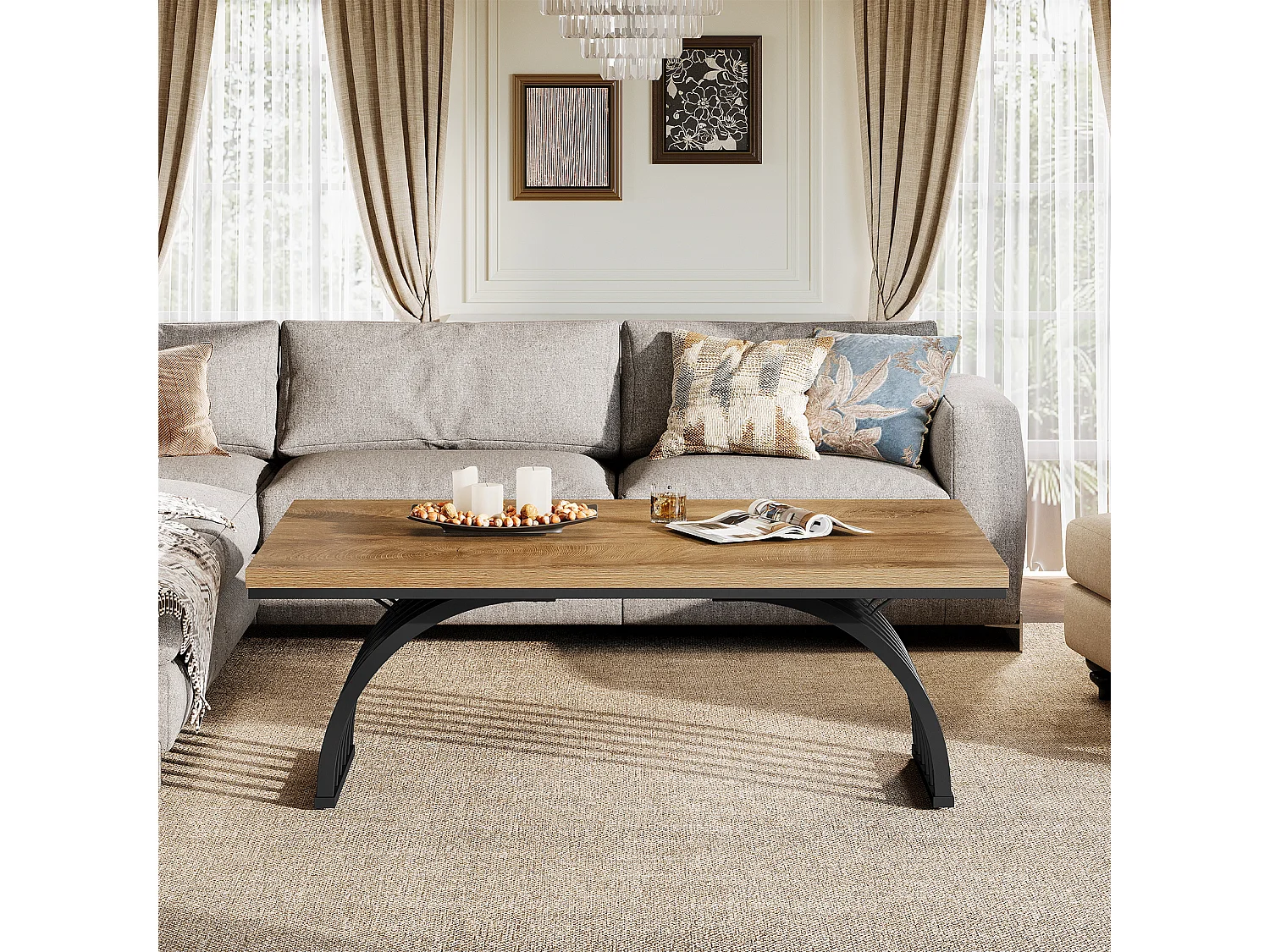 Table basse rectangulaire rustique de 120 cm avec pieds en métal