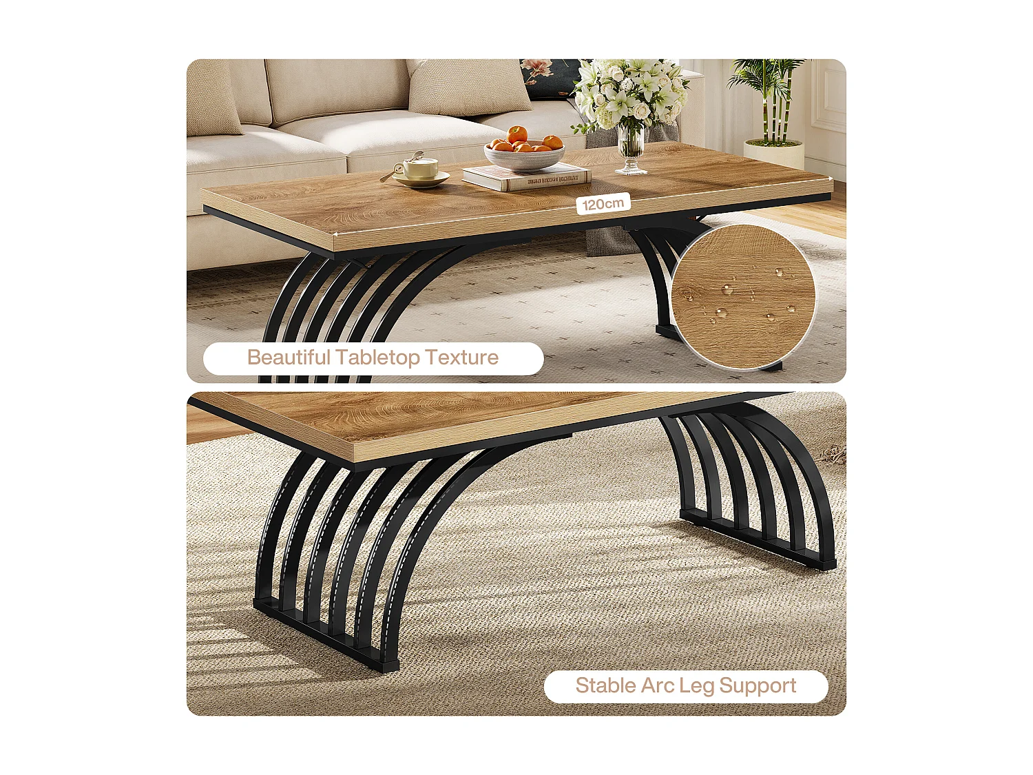 Table basse rectangulaire rustique de 120 cm avec pieds en métal