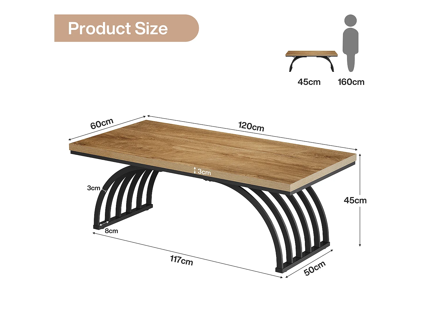 Table basse rectangulaire rustique de 120 cm avec pieds en métal