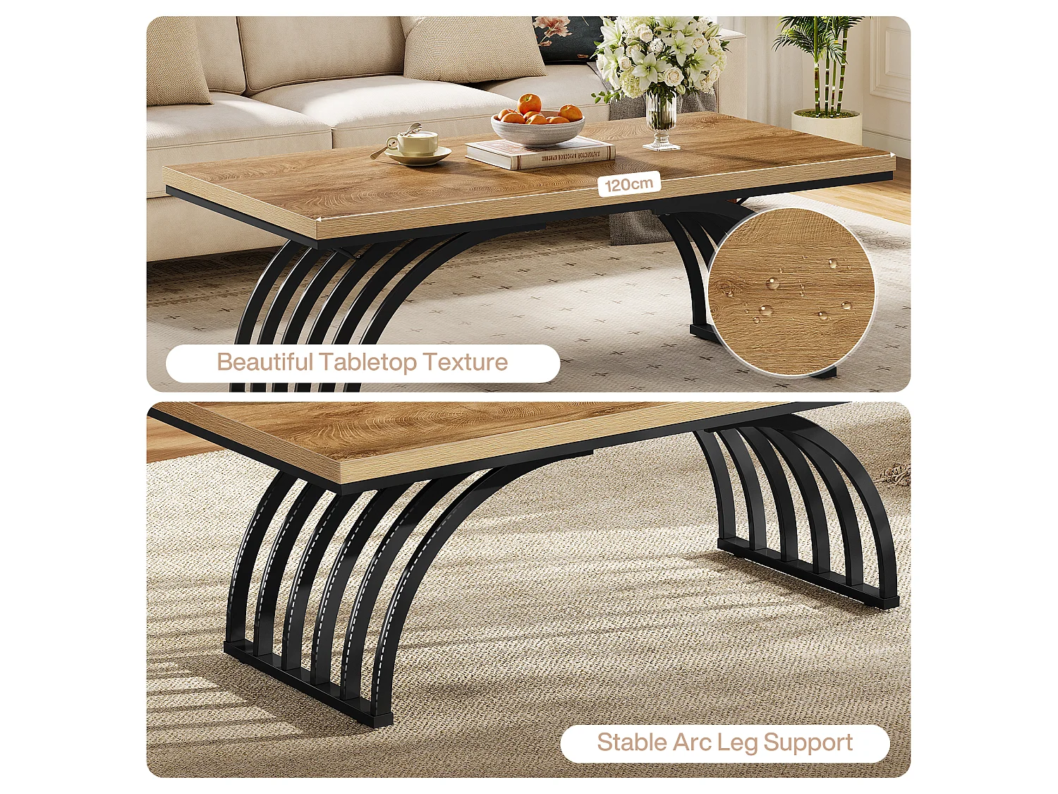 Table basse rectangulaire rustique de 120 cm avec pieds en métal