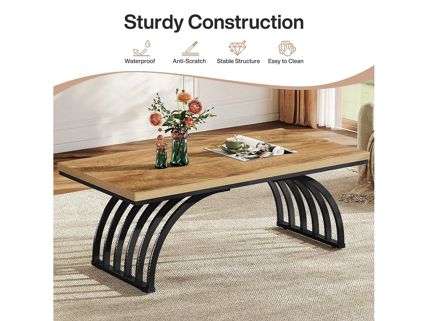 Table basse rectangulaire rustique de 120 cm avec pieds en métal