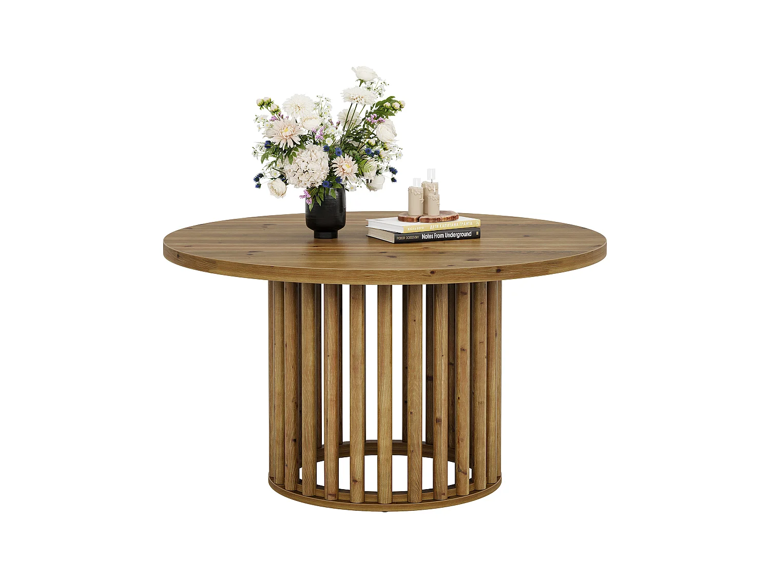 Massiver Holzrundes Couchtisch für das Wohnzimmer, 80cm Landhausstil Holzrundtisch mit zylindrischer hohler Basis