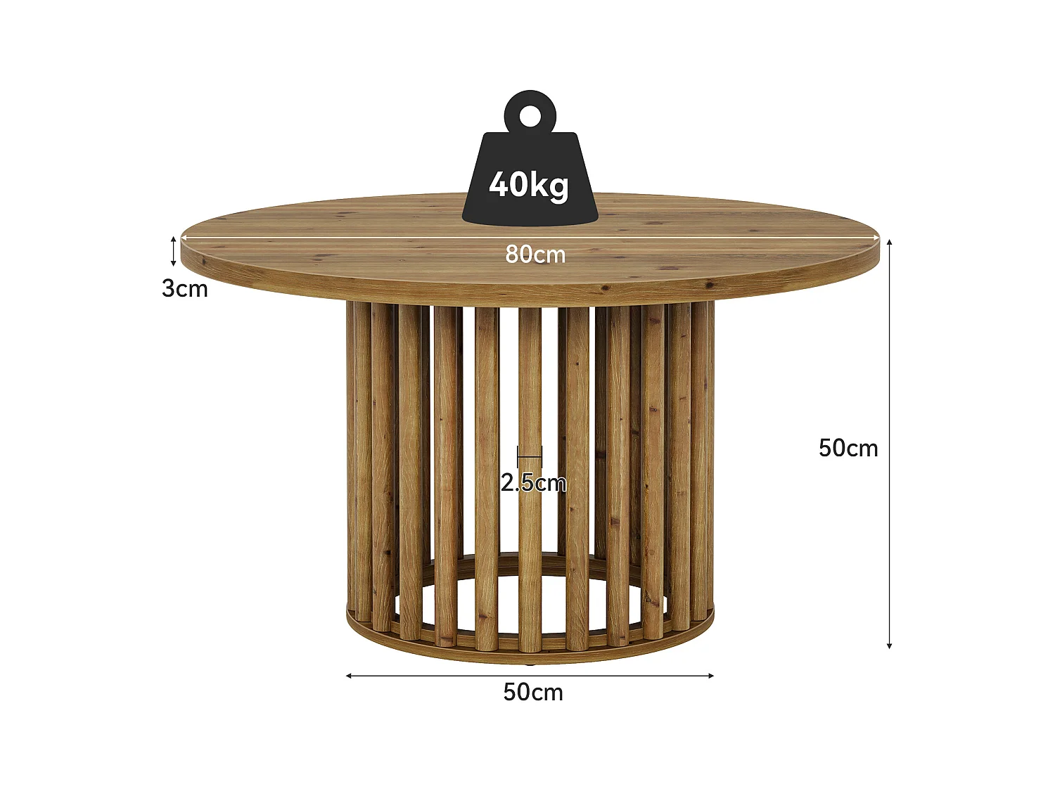 Massiver Holzrundes Couchtisch für das Wohnzimmer, 80cm Landhausstil Holzrundtisch mit zylindrischer hohler Basis