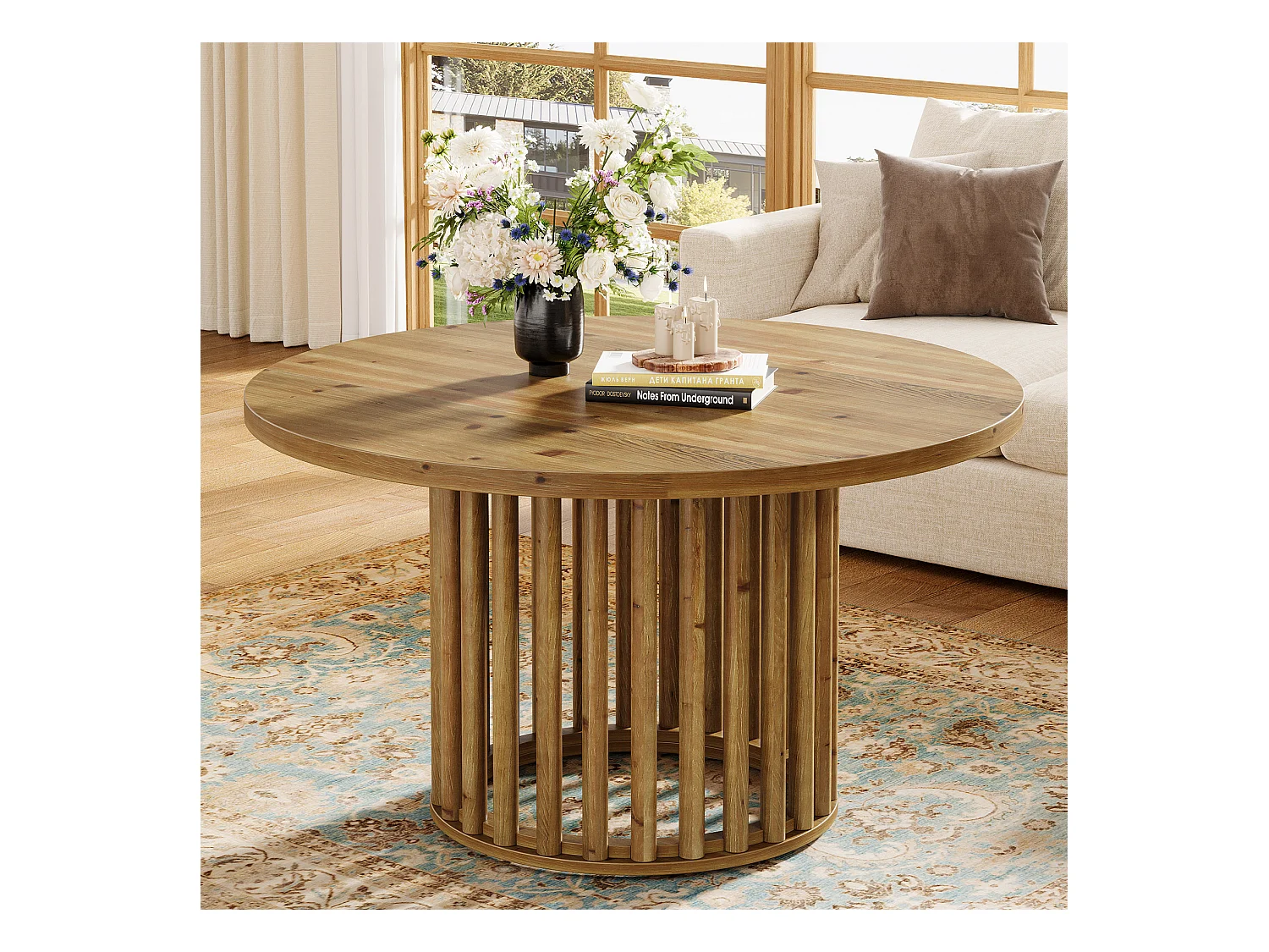 Massiver Holzrundes Couchtisch für das Wohnzimmer, 80cm Landhausstil Holzrundtisch mit zylindrischer hohler Basis