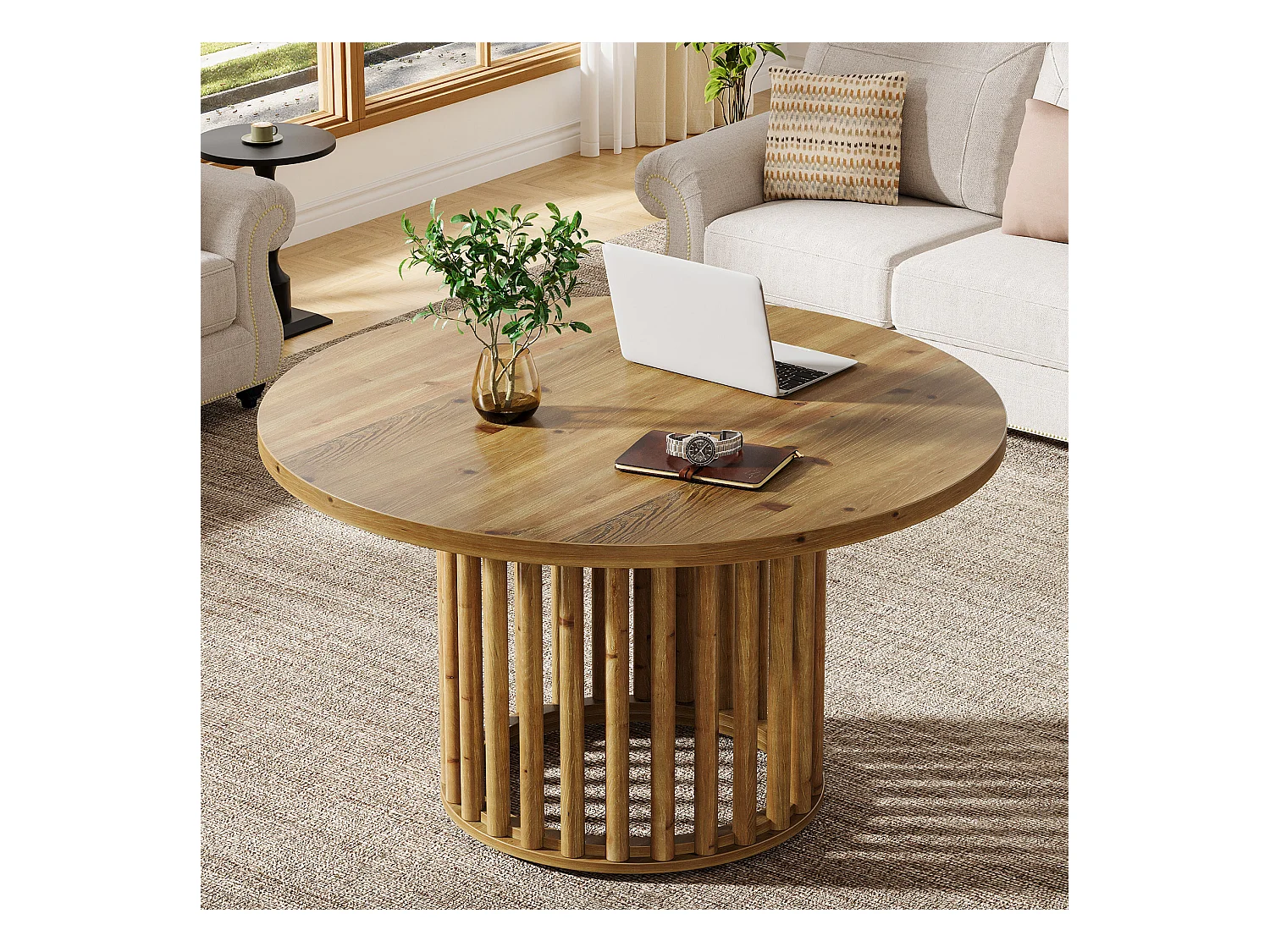 Massiver Holzrundes Couchtisch für das Wohnzimmer, 80cm Landhausstil Holzrundtisch mit zylindrischer hohler Basis