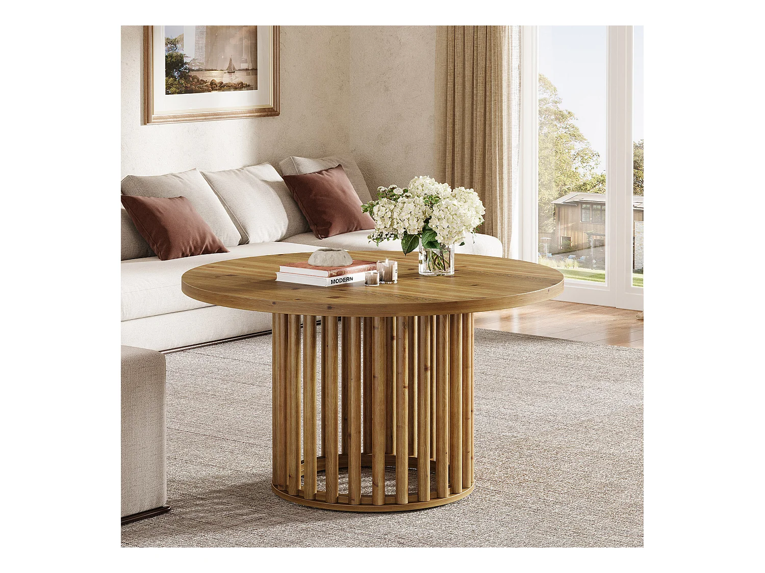 Massiver Holzrundes Couchtisch für das Wohnzimmer, 80cm Landhausstil Holzrundtisch mit zylindrischer hohler Basis