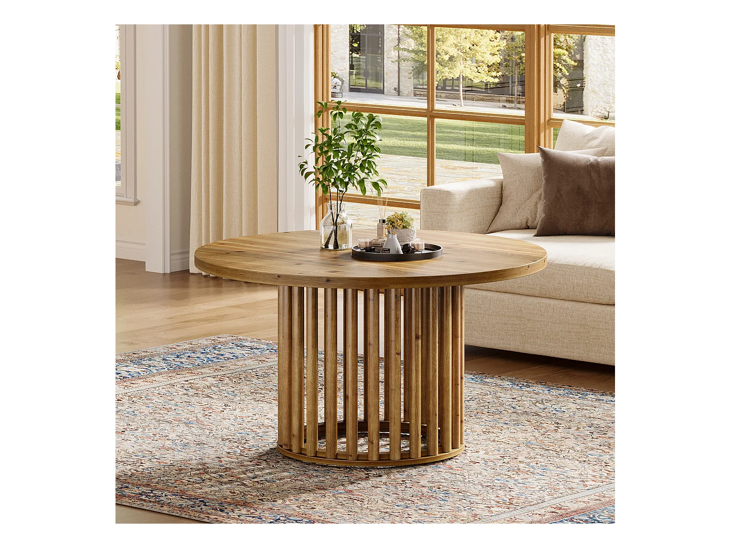 Massiver Holzrundes Couchtisch für das Wohnzimmer, 80cm Landhausstil Holzrundtisch mit zylindrischer hohler Basis
