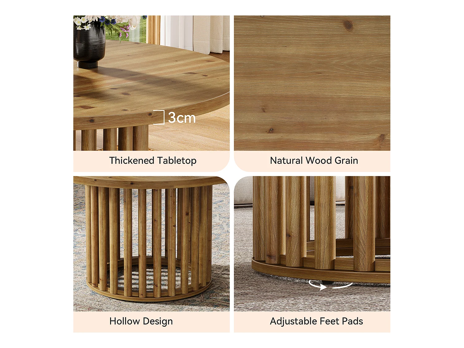 Massiver Holzrundes Couchtisch für das Wohnzimmer, 80cm Landhausstil Holzrundtisch mit zylindrischer hohler Basis