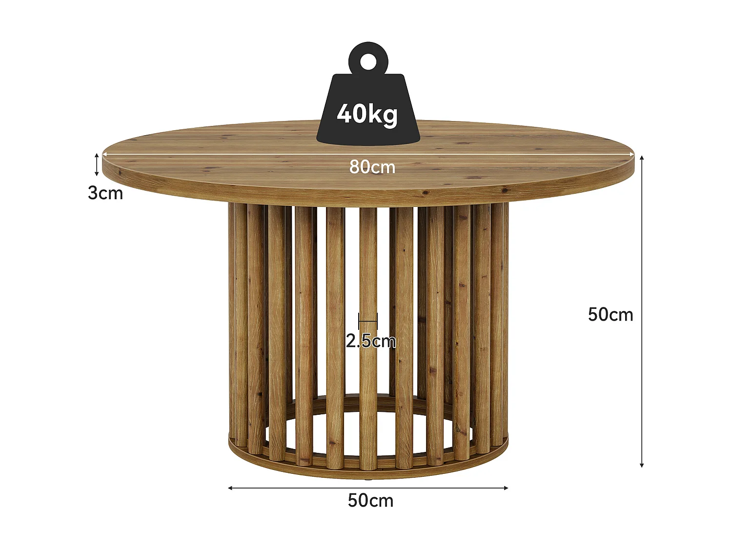 Mesa de Café Redonda de Madeira Sólida para Sala de Estar, Mesa de Chá Cocktail Central Circular de Madeira Rustica de 80cm com Base Cilíndrica oca