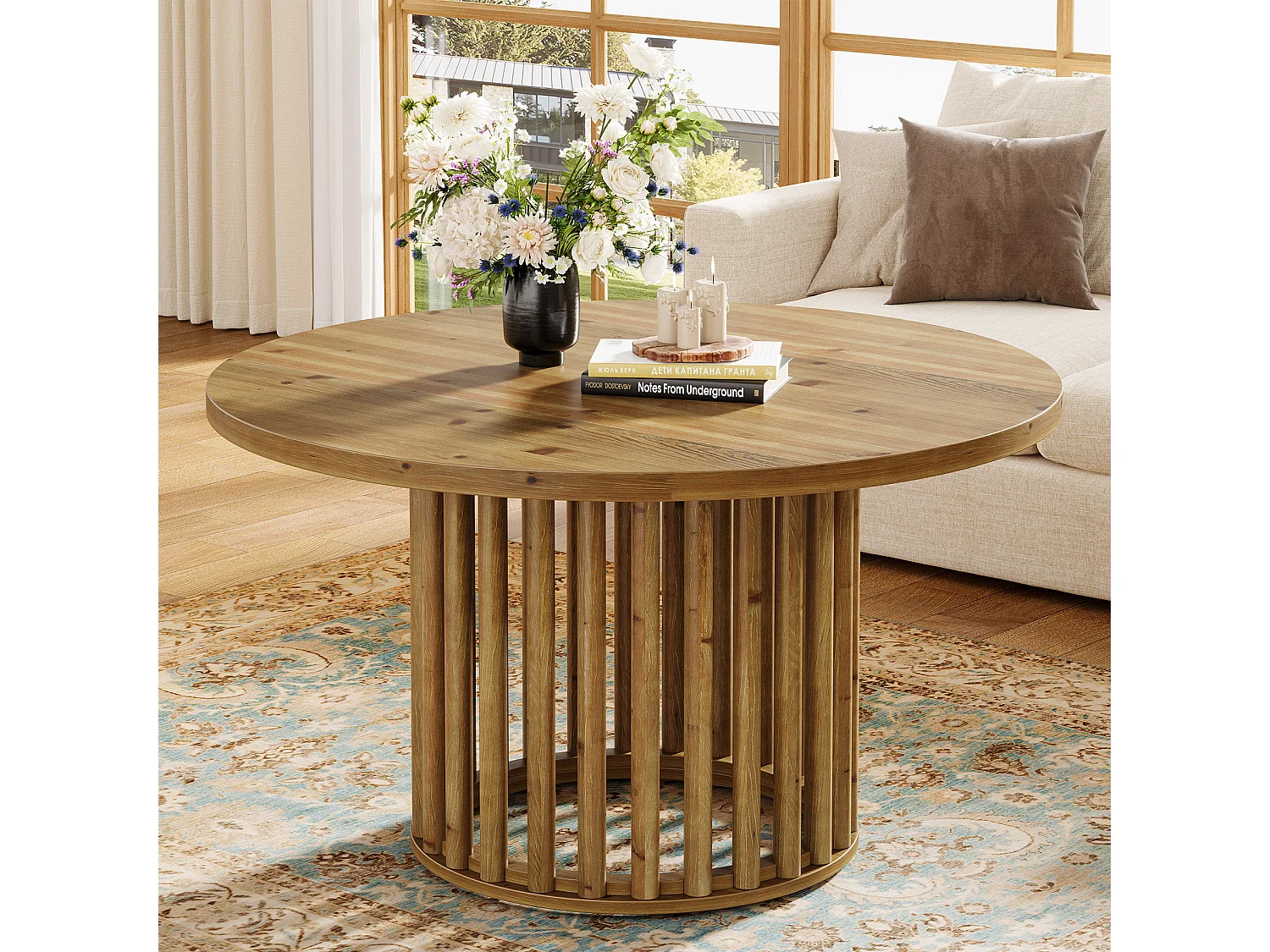 Mesa de Café Redonda de Madeira Sólida para Sala de Estar, Mesa de Chá Cocktail Central Circular de Madeira Rustica de 80cm com Base Cilíndrica oca