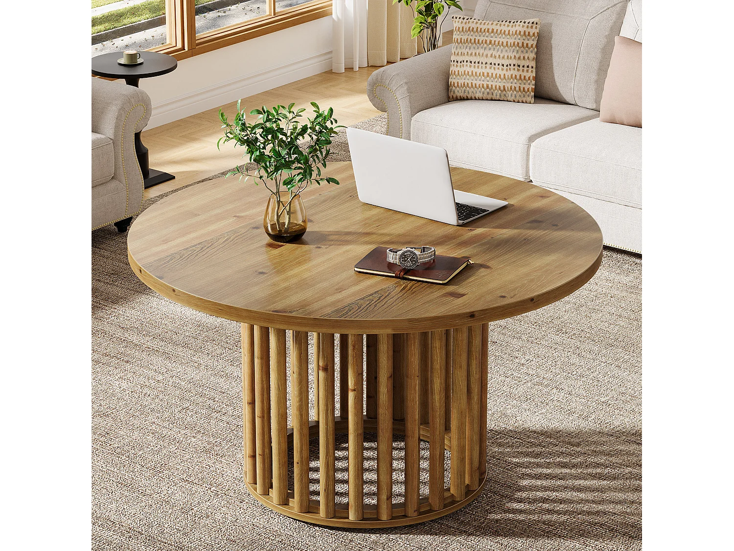 Mesa de Café Redonda de Madeira Sólida para Sala de Estar, Mesa de Chá Cocktail Central Circular de Madeira Rustica de 80cm com Base Cilíndrica oca