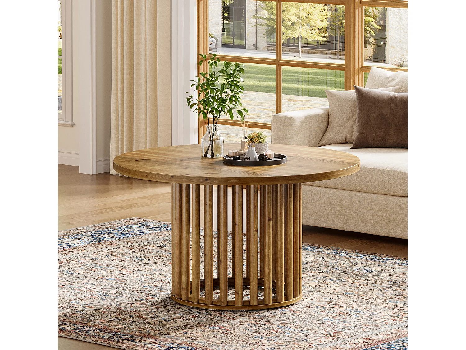 Mesa de Café Redonda de Madeira Sólida para Sala de Estar, Mesa de Chá Cocktail Central Circular de Madeira Rustica de 80cm com Base Cilíndrica oca