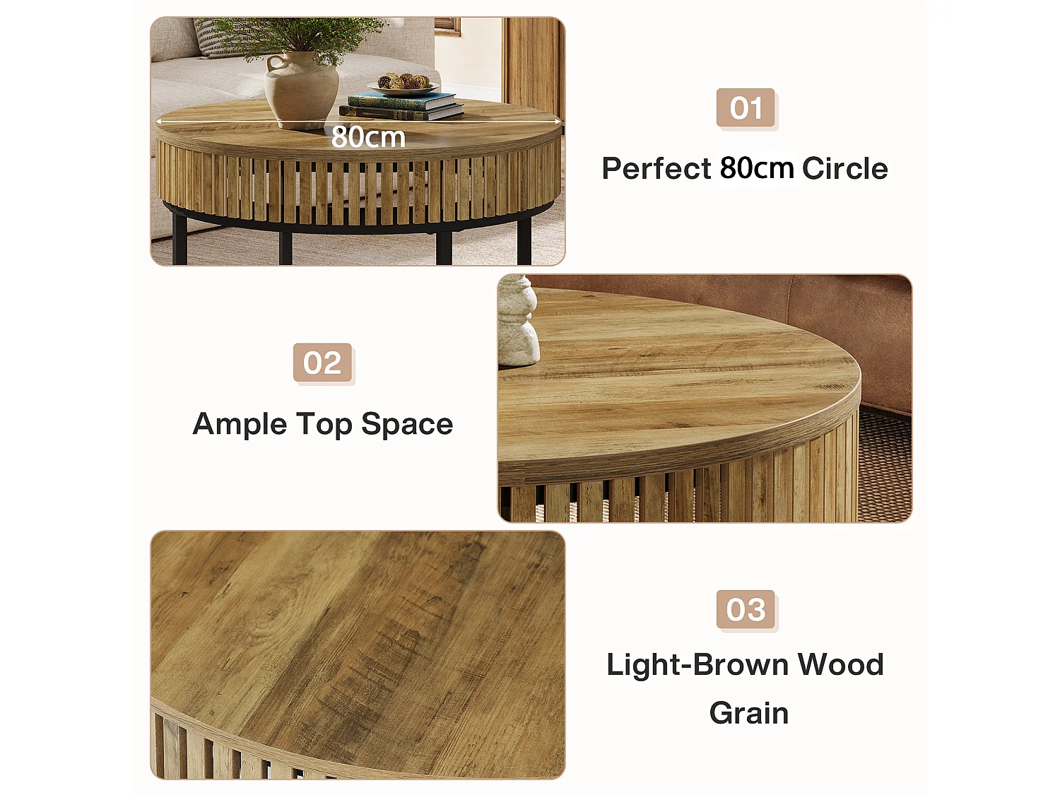 80cm runder Couchtisch, ländlicher runder Cocktail-Zentertisch für das Wohnzimmer, hellbraun