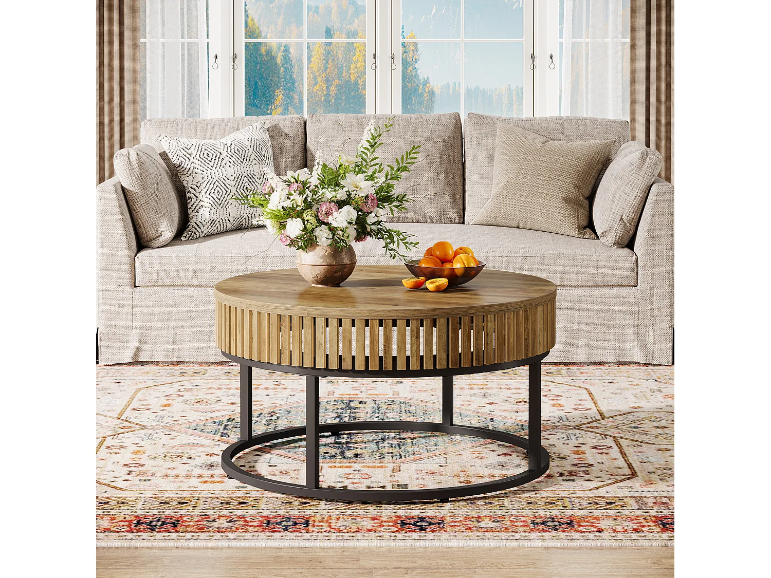 Table basse ronde de 80 cm, table basse ronde de style campagnard pour salon, marron clair