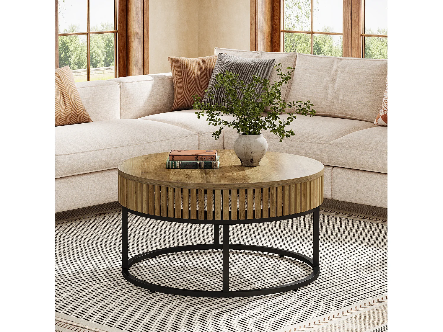 Table basse ronde de 80 cm, table basse ronde de style campagnard pour salon, marron clair