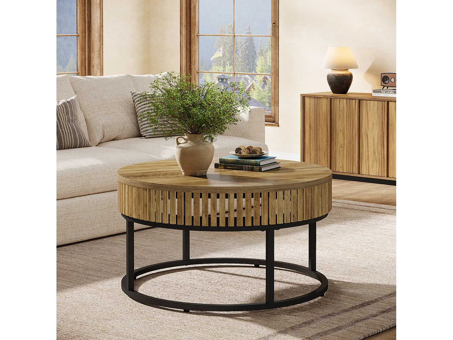 Table basse ronde de 80 cm, table basse ronde de style campagnard pour salon, marron clair