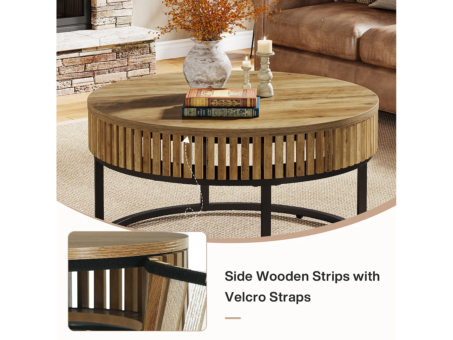 Table basse ronde de 80 cm, table basse ronde de style campagnard pour salon, marron clair