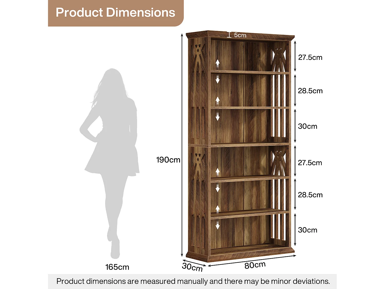Estante de Livros de 6 Andares, Estantes e Estantes de Livros Rurais de 190cm, Estantes de Madeira com 6 Prateleiras de Exibição e Armazenamento de Pé