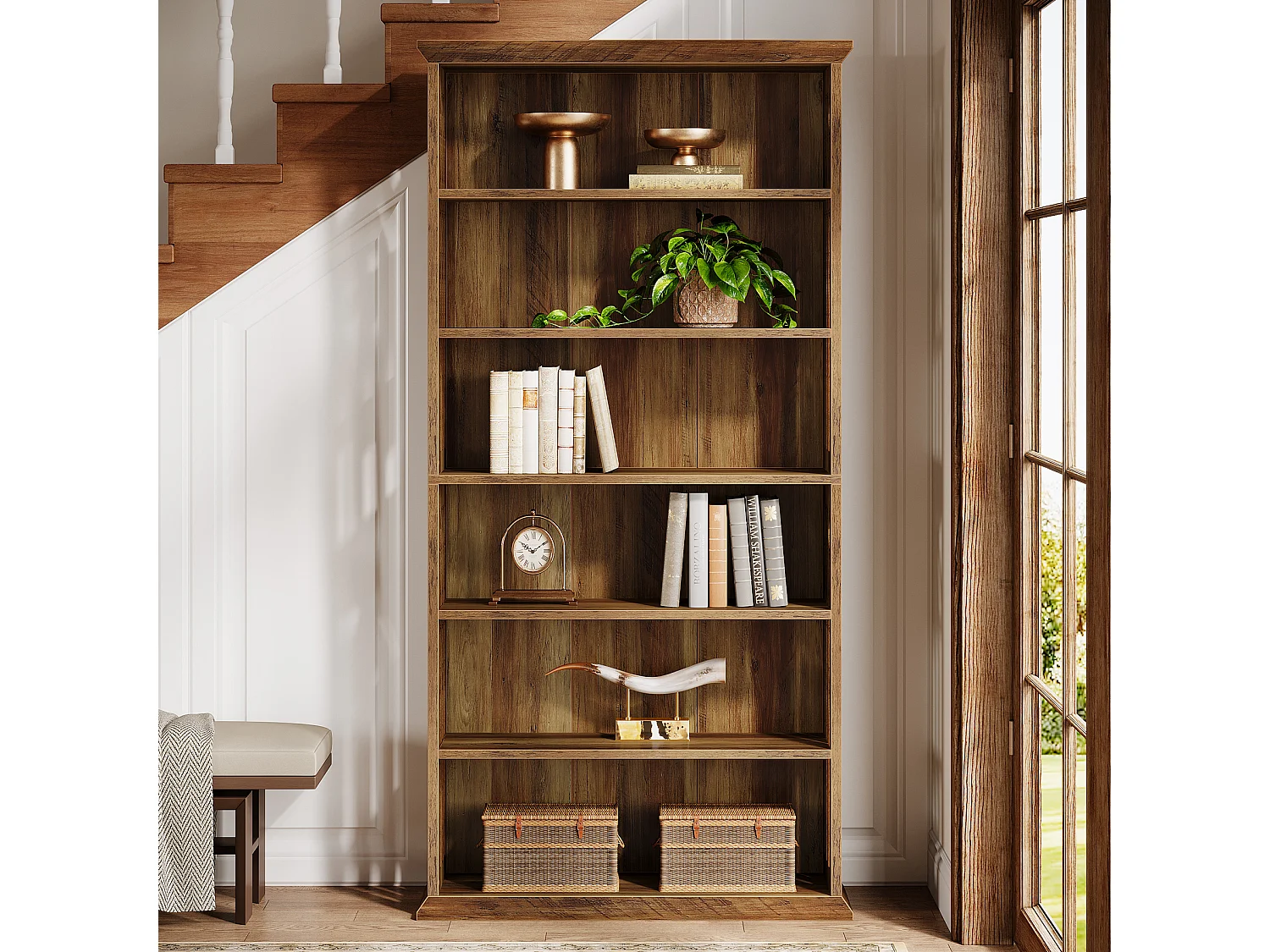 Estante de Livros de 6 Andares, Estantes e Estantes de Livros Rurais de 190cm, Estantes de Madeira com 6 Prateleiras de Exibição e Armazenamento de Pé