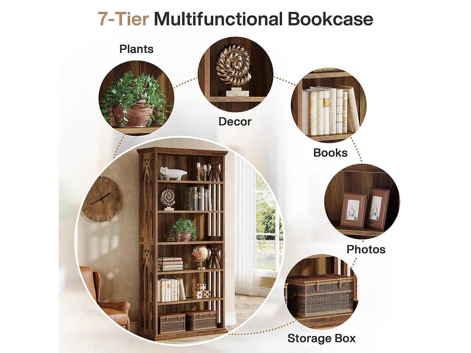 Estante de Livros de 6 Andares, Estantes e Estantes de Livros Rurais de 190cm, Estantes de Madeira com 6 Prateleiras de Exibição e Armazenamento de Pé