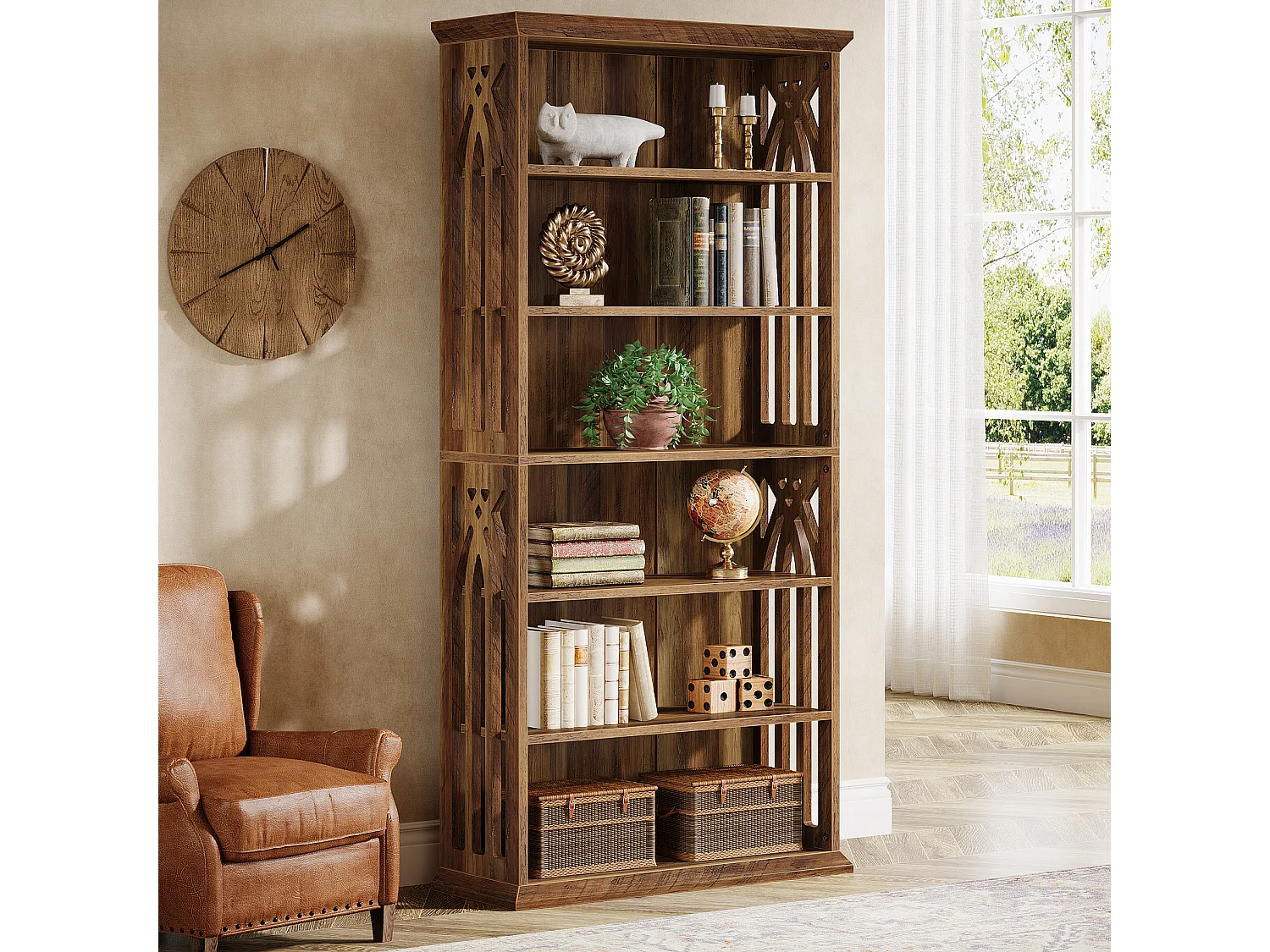 Bibliothèque à 6 niveaux, étagères et bibliothèques de style campagnard de 190 cm, étagères de rangement et d'exposition sur pied à 6 niveaux