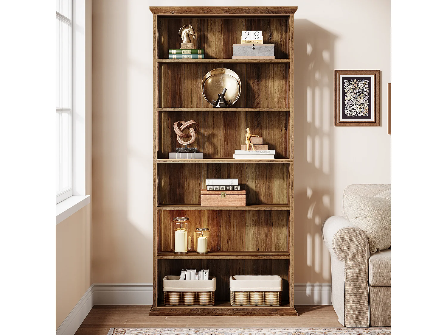 Bibliothèque à 6 niveaux, étagères et bibliothèques de style campagnard de 190 cm, étagères de rangement et d'exposition sur pied à 6 niveaux