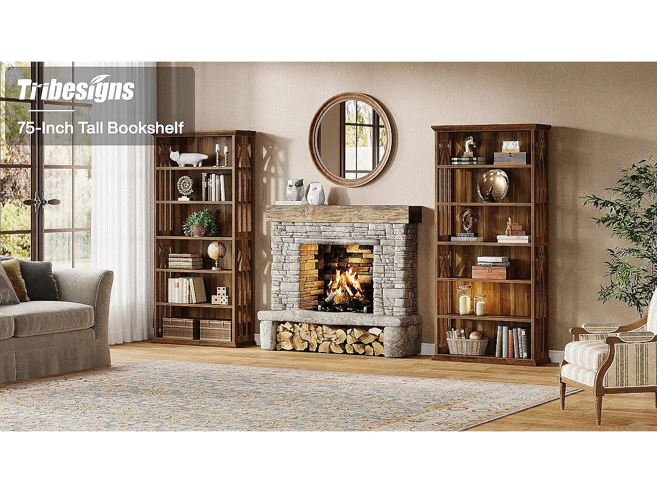 Bibliothèque à 6 niveaux, étagères et bibliothèques de style campagnard de 190 cm, étagères de rangement et d'exposition sur pied à 6 niveaux