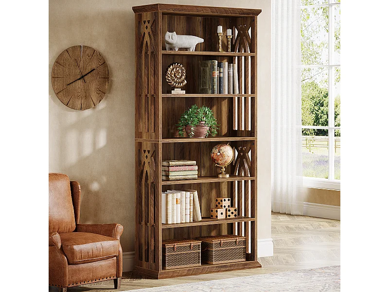 Estantería de 6 niveles, estanterías rústicas de 190 cm, estanterías de madera de 6 estantes de pie, estantería alta para exhibición y almacenamiento de madera