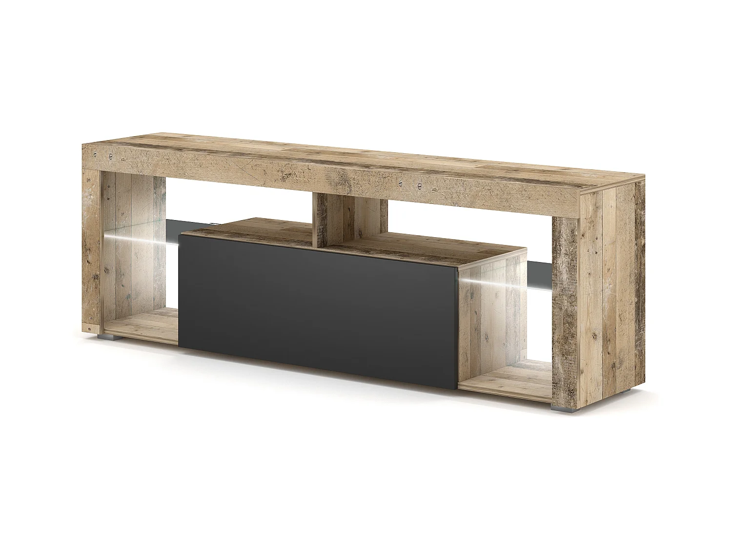 Mueble TV Kara luminoso de 140 cm con 1 puerta en madera natural y gris mate
