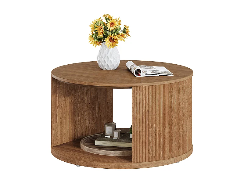 Table basse ronde, petite table basse de 80 cm avec base tambour cannelée et rangement en alcôve, table d'appoint moderne du milieu du siècle