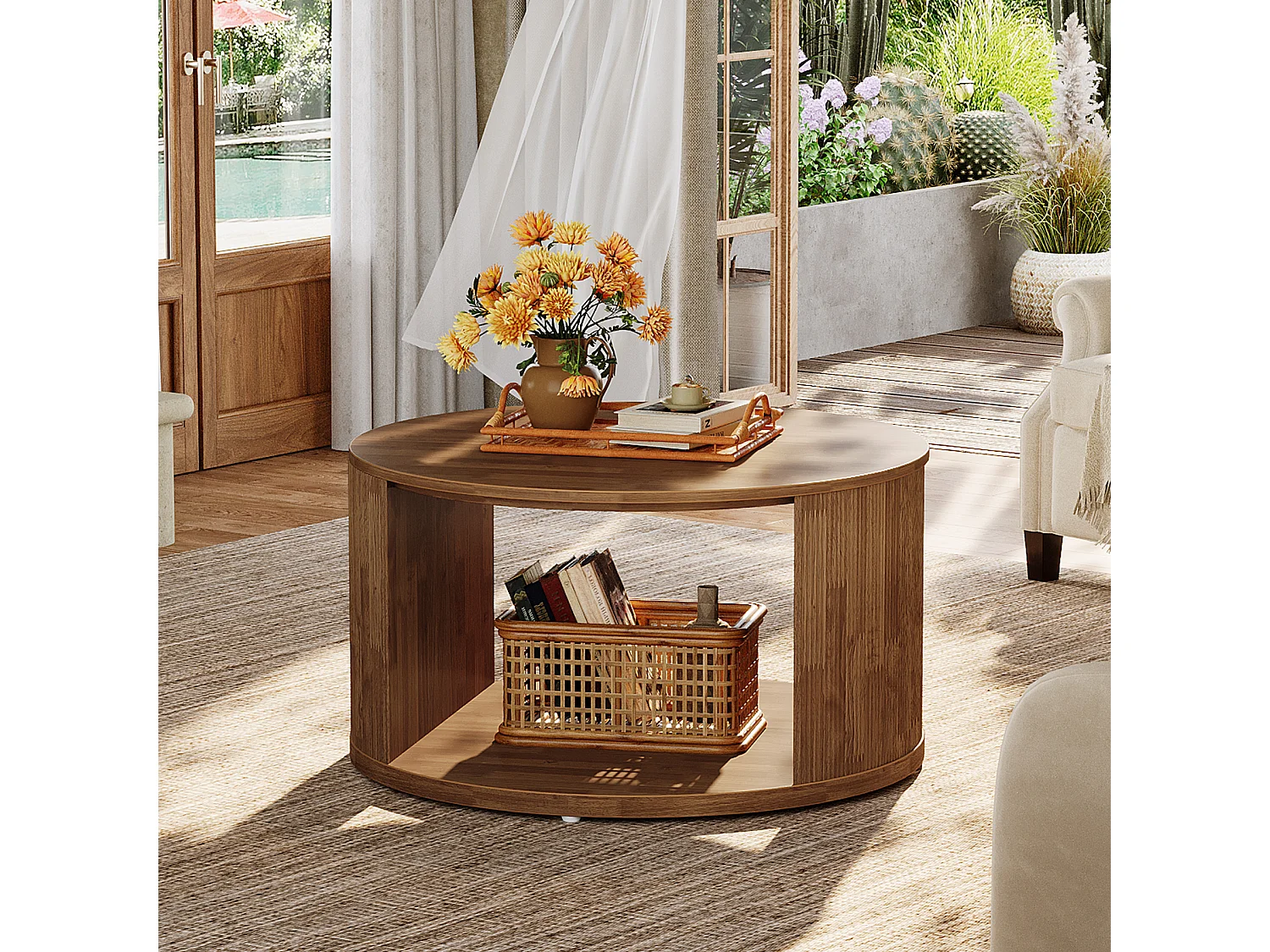 Table basse ronde, petite table basse de 80 cm avec base tambour cannelée et rangement en alcôve, table d'appoint moderne du milieu du siècle