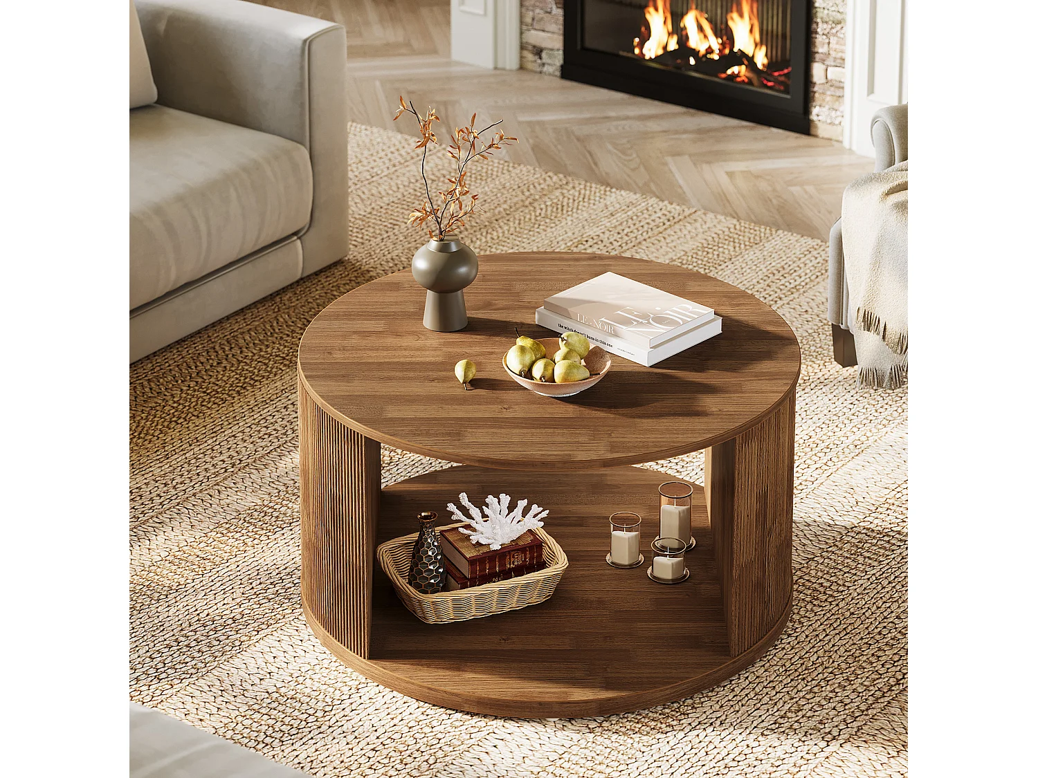 Table basse ronde, petite table basse de 80 cm avec base tambour cannelée et rangement en alcôve, table d'appoint moderne du milieu du siècle